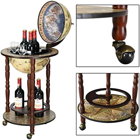 17" Wood Globe Wine Bar Stand Liquor Bottle Shelf Cart 16th Century Italian Rack