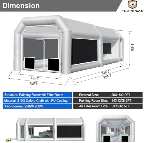 28X15X10FT Inflatable Spray Paint Booth Tent with Upgrade High-Power Blowers 950W+950W