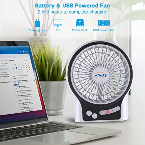 efluky 4.9-Inch Mini Desk Fan - 3 Speeds, Rechargeable Battery/USB Powered with LED Light, Quiet Portable Fan for Home, Office, Travel, Camping (Black)