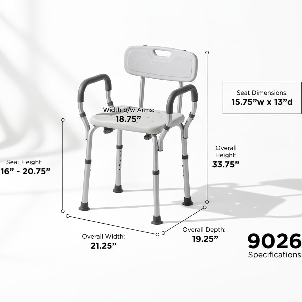 NOVA Bath Seat with Padded Removable Arms & Back, Shower Chair for Seniors, 300 lb Capacity, Adjustable Height 16"–21", Tool-Free Assembly