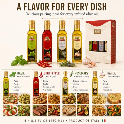 BASSO 1904 Infused Extra Virgin Olive Oil Gift Box Set, 8.5 Fl Oz (250 ml)