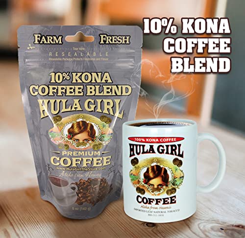 Hula Girl 10% Kona Ground Coffee, Grown in Hawaii, Hand Picked, Sun Dried, Fresh Roasted and Packed in Hawaii for 30 years, 7 Ounce
