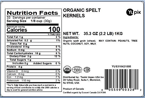 Yupik Organic Spelt Kernels, 2.2 lb (35.2 oz), Non-GMO, Kosher, Vegan, Raw Hulled Grains, Unsalted, Source of Fiber, Ideal for Baking & Cooking