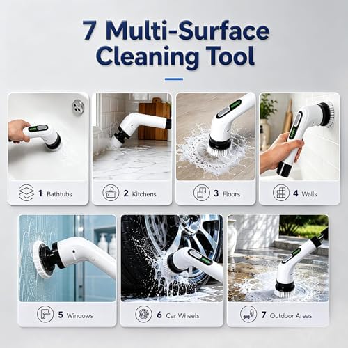 Highyes Electric Spin Scrubber for Bathroom | IPX7 Waterproof Shower Scrubber with Extendable Long Handle，Bathroom Cleaning Scrubber with 7