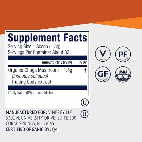 Vimergy Chaga Capsules – Superfood Cellular Support* – Cardiovascular Health Benefits* – Kosher, Vegan, Gluten-Free – 90 Capsules | Superfood Adaptogen*, Immunity for cell tissues*, Polyphenols for Antioxidant protection*, Vegan and Kosher