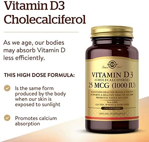 Solgar Vitamin D3 (Cholecalciferol) 25 MCG (1000 IU), 250 Servings | Helps Maintain Healthy Bones & Teeth, Immune System Support, Non-GMO, Gluten Free