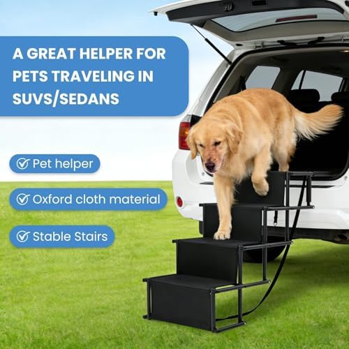 Portable Extra Wide Dog Steps, Large Dog Folding Stairs for Car, Truck, SUV | 4 Steps Non-Slip Dog Ramp for Large Dogs, Supports Up to 300 Lbs