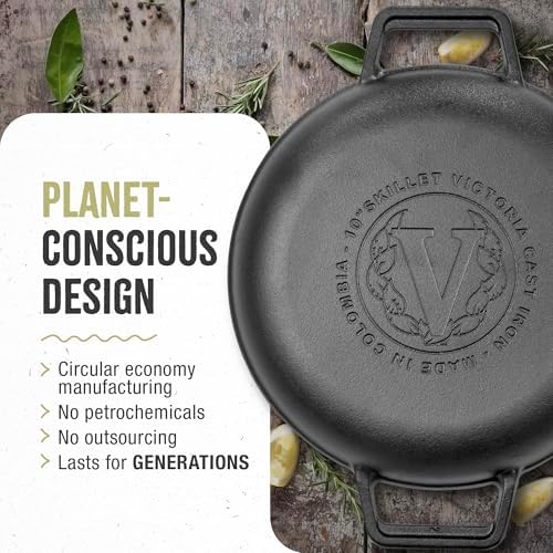 Victoria Cast Iron Round Skillet with Double Loop Handles, Made in Colombia, 10 Inches