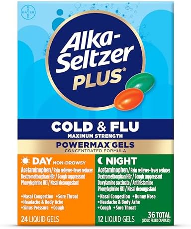 Alka-Seltzer Cold, Cold & Flu + Congestion Severe Day/Night Fast Gels, Flu + Congestion Medicine, Multi-Symptom Relief, Body Aches and Pains, Fever Reducer, 24 Count (Packaging May vary)