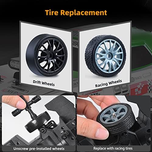 RC Drift Car 2.4GHz 1:16 Scale 4WD High Speed Remote Control Cars Vehicle with LED Lights Two Batteries and Drifting Tires Racing Sport Toy Cars for