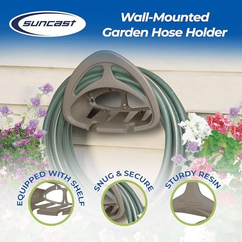 Suncast Hangout HH150 Outdoor Wall Mounted Durable Resin Garden Hose Holder with Accessories Shelf, Designed for 150 Foot Garden Hoses, Taupe, 1 Pack