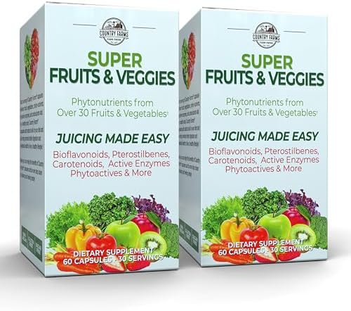 Country Farms Super Fruits and Veggies Capsules, Whole Food Supplement, Powerful Antioxidant, Supports Energy, Immune Health, Boosts Digestive Health, 30 Super Foods, 30 Servings