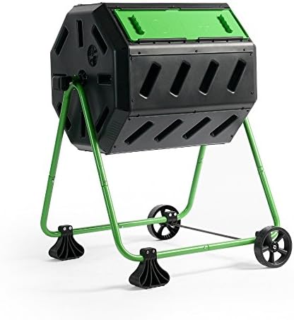 FCMP Outdoor HOTFROG Mobile Dual Chamber Tumbling Composter with Wheels - Outdoor Rotating Garden Compost Bin (HF-IM4000-WK) Black & Green (37-Gallon)