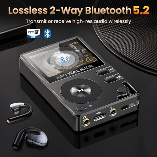 HIFI WALKER H2 Hi-Res Bluetooth MP3 Player with 64GB MicroSD Card, Portable Lossless Digital Audio Player with ESS DAC, DSD FLAC Support, USB DAC