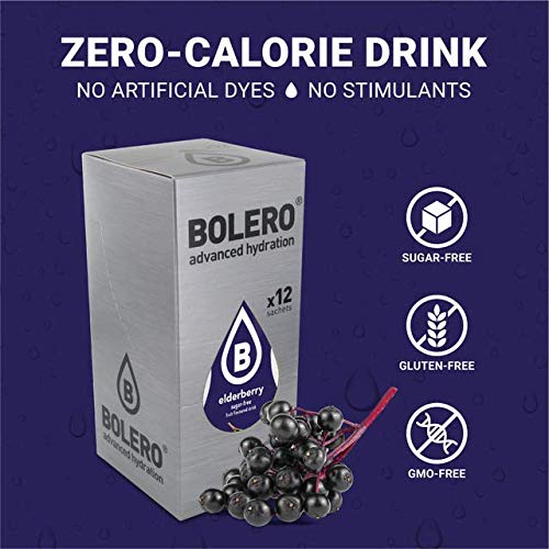 Bolero- Sugar Free Drink Mix Packets Elderberry Fruit Flavors | Powdered Flavored Water Packets | 12 Large Sachet On The Go Packets