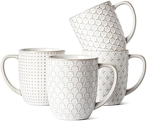 LE TAUCI Coffee Mugs 16 oz, Ceramic Mug Set, Embossment Cups for Latte, Hot Tea, Cappuccino, Mocha, Cocoa, Dishwasher Safe