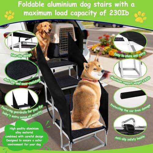 Deergym Dog Stairs for Large Dogs - 5 Step Wide 16in High 34in Foldable Dog Ramp for Car Non-Slip Surface Support up to 230lbs - Suitable for SUV,Truck, Sofas, Bed