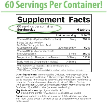 Jigsaw Health MagSRT | Magnesium Supplement with Vitamin B6, Folate & B12 | 240 Tablets | 60 Servings