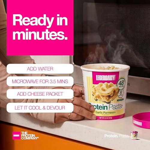 Legendary Foods 48g Protein Pasta Gluten Free Garlic Parmesan Cup | 8g Net Carbs, High Fiber Keto Pasta, Instant Protein Lunch - Low Carb Diet, Microwave Pasta Cups, Post workout Quick Meal