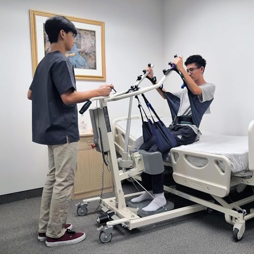 Stand Up Electric Patient Lift - Sit to Stand, Standing Lift, Rhino Lift with Manual Low Base - with Transport Sling (Large), 380 lb. Weight Capacity