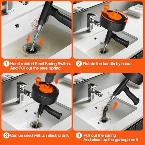 25ft Drain Auger Heavy Duty, Professional Plumbing Snake with Drill Adapter, Manual & Powered Clog Remover for Kitchen, Bathroom, Shower Sink & Bathtub, Flexible Pipe Snake Cleaner with Gloves