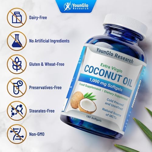 Coconut Oil 1000 mg 100% Cold-Pressed Organic Extra Virgin Coconut Oil 180 Vegan Softgel Capsules Keto-Friendly Dietary Supplement Support for Hair, Nails & Skin Health