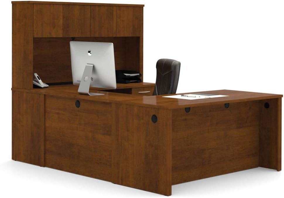 Bestar Embassy 66W U-Shaped Executive Desk with Pedestal and Hutch in Dark Chocolate | With Pedestal and Hutch, with Narrow Desk Shell, Desk Shell