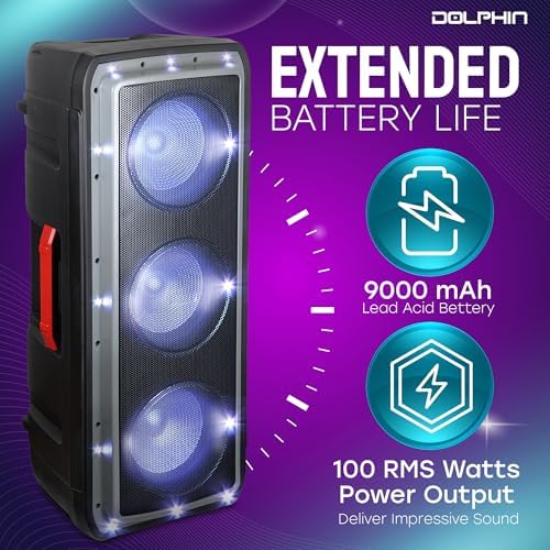 Dolphin Bluetooth Party Speaker with Wireless Mic, Triple 10" Woofers | 120W Output, LED & Strobe Lights, USB/TF/FM/AUX, Guitar & Mic Inputs