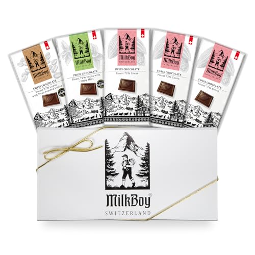 MilkBoy Swiss Chocolates Chocolate Bar Variety Flavors - 3 oz, 5 Pack | Includes milk, dark, white bourbon vanilla, caramel sea salt & almond flavors. Rainforest Alliance certified cocoa. Kosher.