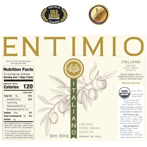 Entimio Italiano Organic Italian Extra Virgin Olive Oil from Italy, 600+ mg/kg High in Polyphenols, 2026 NYIOOC Gold, Tuscany evoo, Cold Extracted