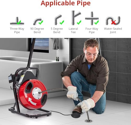 Drain Cleaning Machine, 50FT x 1/2 Inch Professional Electric Drain Auger with 4 Cutters & Foot Switch and Pair of Gloves for 1 to 4 Inch Pipes, Red