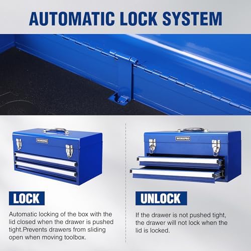 WORKPRO 15 Inch Metal Tool Box with 2 Drawers & 1 Top Storage, Heavy Duty Portable Tool Box with Handle for Garage, Office and Home, Up To 85 LBS Load Capacity