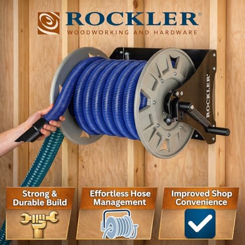 Rockler Wall Mount Vacuum Hose Reel Holds 40 ft 1-1/2 Inch Hose | Vacuum Hose Reel – Organized Hose Storage – Wall Mount Reel – Holds 40 ft