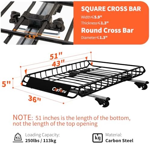 Universal Roof Rack Basket, 51"x36"x5", 250LB Heavy Duty for Truck | Premium heavy duty universal roof cargo basket, 250LB capacity