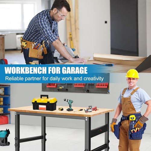 60in Adjustable Height Workbench Desk with Drawers,Power Outlets, Rubber Wood Top Heavy-Duty Work Table, 2000 LBS Load Capacity Work Station for Garage, Workshop, Office, Home