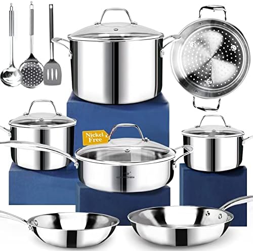 HOMICHEF 14-Piece Nickel Free Stainless Steel Cookware Set Whole-Clad 3-Ply - Mirror Polished Pots And Pans Set - Healthy Cookware Set With Steamer