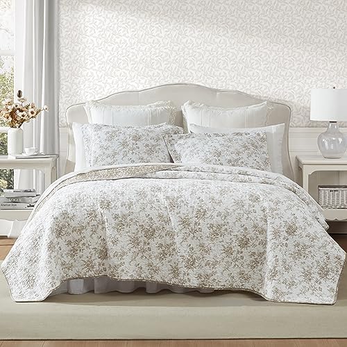 Laura Ashley - Queen Quilt Set, Soft Cotton Bedding with Matching Shams, Reversible Floral Toile Design, Floral Room Decor