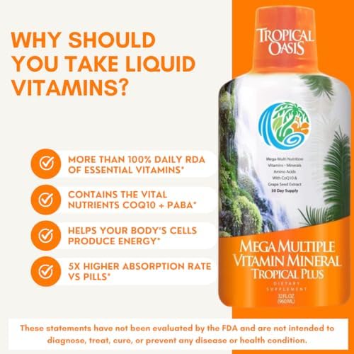 Tropical Oasis Mega Plus - Liquid Multivitamin and Mineral Supplement – Includes 85 Vitamins & Minerals, 20 Amino Acids + CoQ10