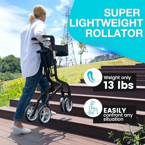 PLANET WALK Super Lightweight Rollator Walker for Seniors, Foldable Rolling Walker with Seat and 8" Rubber Wheels for All Terrain, Unique Design Aluminium Frame Sturdy Walkers for Traveling - Blue