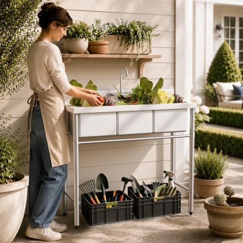 Bonnlo 3-Compartment NSF 304 Stainless Steel Utility Sink Commercial Grade Laundry Tub Culinary Sink for Outdoor Indoor, Garage, Restaurant, Kitchen