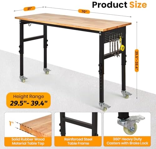 48" Adjustable Workbench, 8-Level Height Adjustable Rolling Work Table with Casters & Scale, Sit & Stand 2-in-1 Garage Tool Table with Pegboard & Hooks, for Workshop, Warehouse, DIY Projects