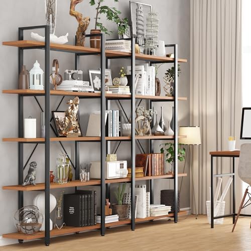 BATHWA Wood and Metal Minimalist 5 Tier Bookshelf, 6 feet Tall Open Rustic Wide Bookcase Industrial Style