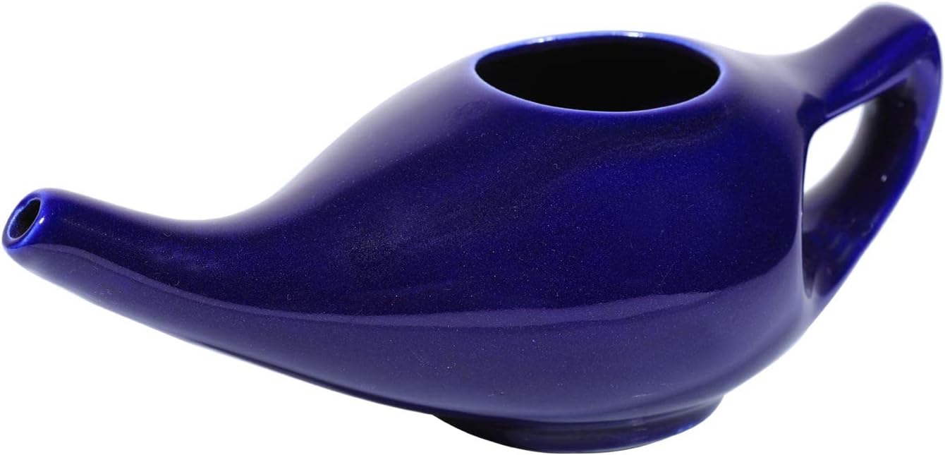 HealthGoodsIn Ceramic Neti Pot, Dishwasher Safe, Premium Handcrafted with 2 Silicone Nozzle and Salt for Sinus - 225 Ml. Capacity (Brown)