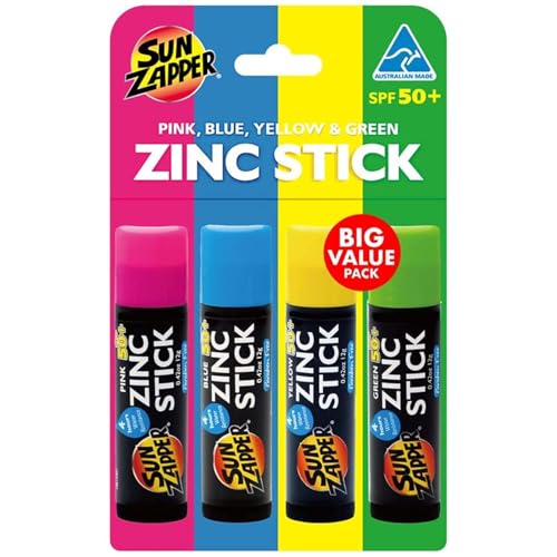 Sun Zapper Zinc Oxide Mineral Sunscreen Stick – SPF 50+ Water Resistant – 4-Pack (Pink, Blue, Green