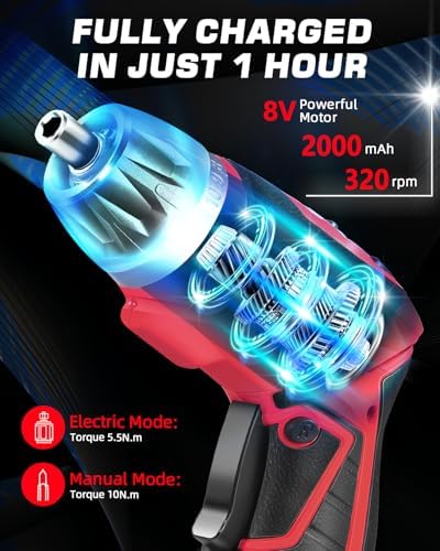 Cordless Electric Screwdriver Set, 8V 10Nm Rechargeable Power Electric Drill, Battery Screw Gun with Driver Bit, 320RPM/10+1 Torque, 2 Position Handle, Flexible Shaft LED Light (Red, 28Pcs)