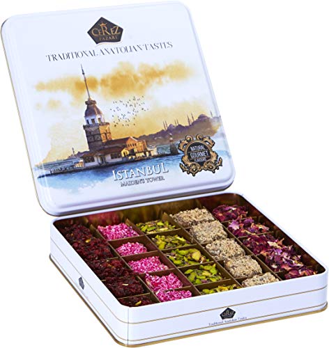 Cerez Pazari Turkish Delight In 4 Flavours, With Pistachio, Hazelnut & Walnut, Assorted Gourmet Lokum In Elegant Tin Gift Box