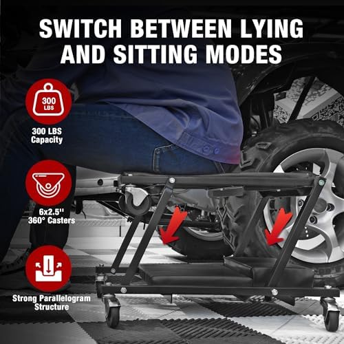 BIG RED Rolling Garage/Shop Creeper: 2-Piece, 36" Padded Mechanic Cart with Headrest and 6 Casters, Red,AR7565B,Torin