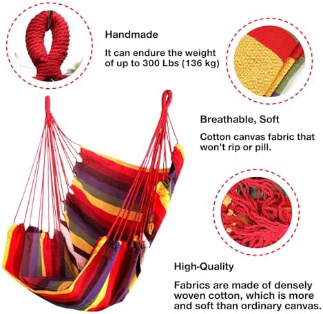 Hommtina Hammock Chair Hanging Rope Swing, Max 300 Lbs Hanging Chair with Pocket & Durability Perfect for Outdoor, Home, Bedroom, Patio