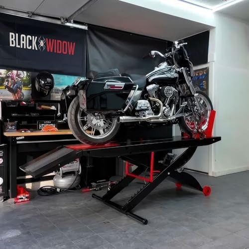 Motorcycle Lift Table, Pneumatic, 1,500 lb, ProLift, 31.25" H, Black Widow | Jack included, raise bike for service, maintenance, repair, handy, compressed air (compressor not included), push mower