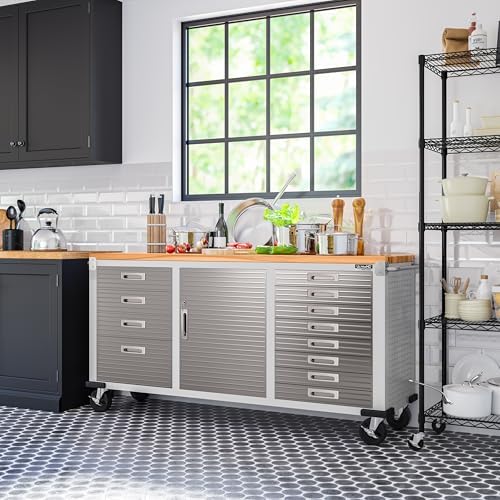 Seville Classics UltraHD Heavy Duty Rolling Cabinet Workbench Table w/Solid Wood Top, Workstation for Garage, Warehouse, Office, Workshop, 77" W x 20" D x 37.5" H, Graphite, 11-Drawer